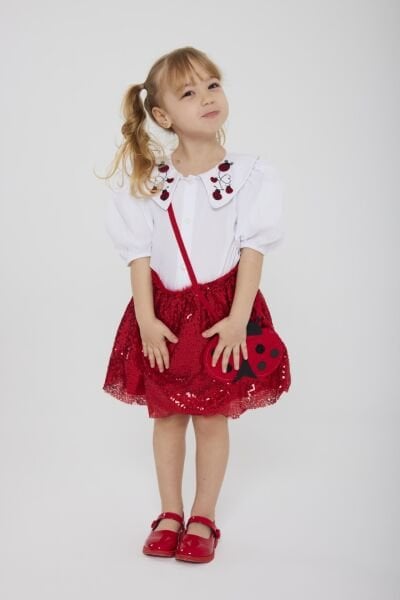 Asar Kids Pul Payet Uğur Böceği Nakışlı 2'li Takım - Kırmızı Beyaz