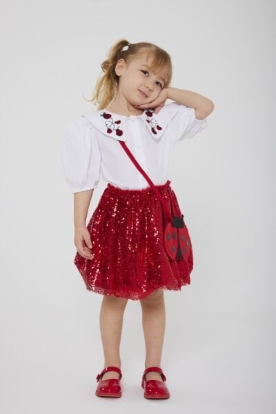 Asar Kids Pul Payet Uğur Böceği Nakışlı 2'li Takım - Kırmızı Beyaz
