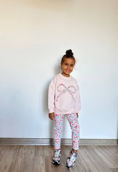 Fiyonk Nakışlı Çiçekli Defne Taytlı Takım - Pembe