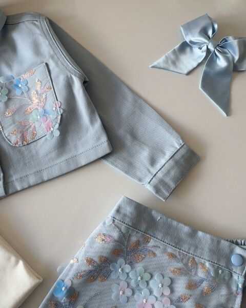 Asarkids Çiçek İşleme Aplikeli 3'lü Ceketli Şort Etekli Takım - Mavi