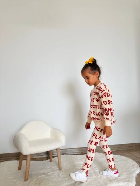 Sloganlı Taytlı Lina Takım - Krem