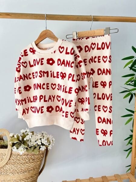 Sloganlı Taytlı Lina Takım - Krem