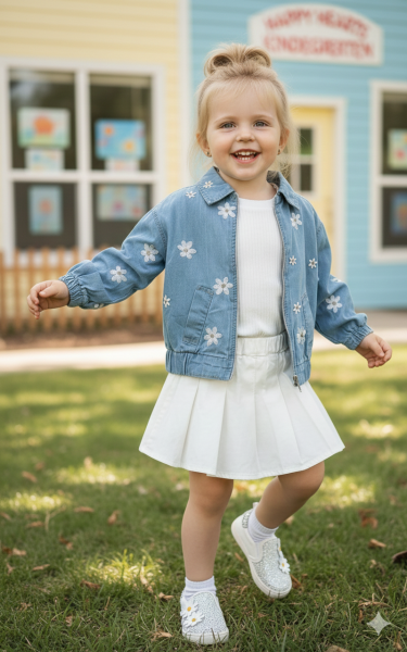 Papatya Nakışlı 3’lü Kız Takım - Mavi