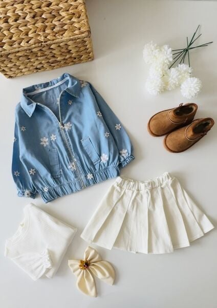 Papatya Nakışlı 3’lü Kız Takım - Mavi