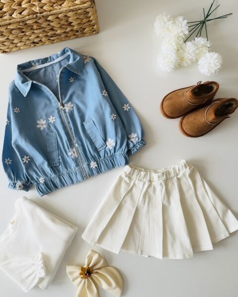 Papatya Nakışlı 3’lü Kız Takım - Mavi