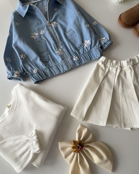 Papatya Nakışlı 3’lü Kız Takım - Mavi