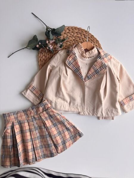 Kareli Trençkot 5'li Set - Krem