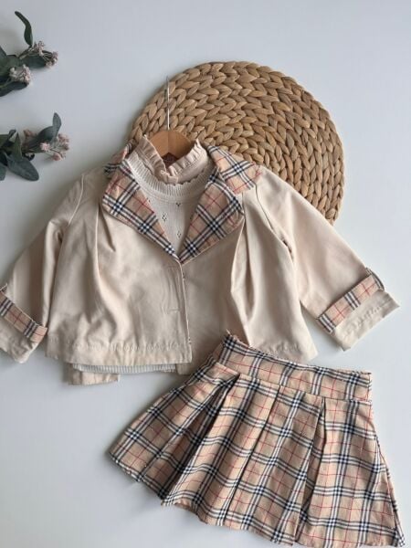 Kareli Trençkot 5'li Set - Krem