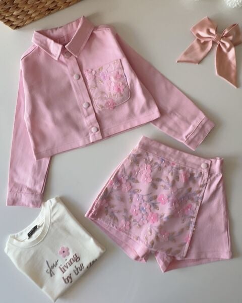 Asarkids Çiçek İşleme Aplikeli 3'lü Ceketli Şort Etekli Takım - Pembe