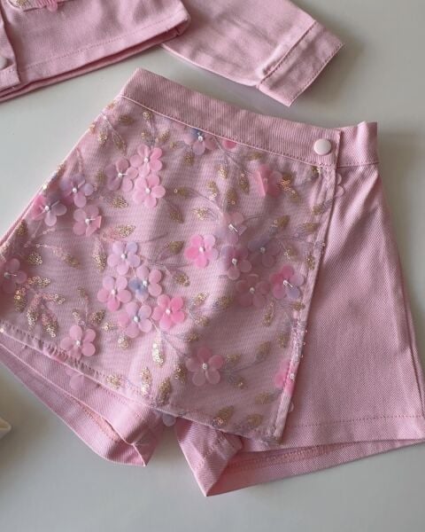 Asarkids Çiçek İşleme Aplikeli 3'lü Ceketli Şort Etekli Takım - Pembe