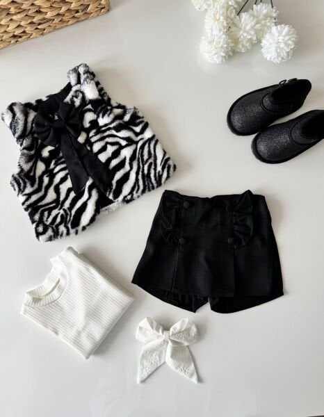 Zebra Peluş Şort Etekli 3’lü Takım - Siyah