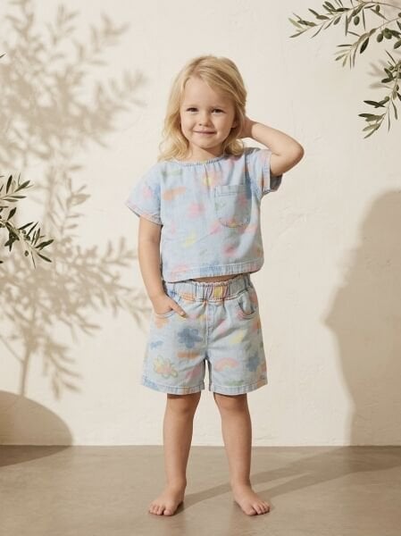 Asar Kids Yıkamalı Soluk Efektli Papatya Baskılı 2'li Denim Takım - Mavi