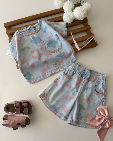 Asar Kids Yıkamalı Soluk Efektli Papatya Baskılı 2'li Denim Takım - Mavi