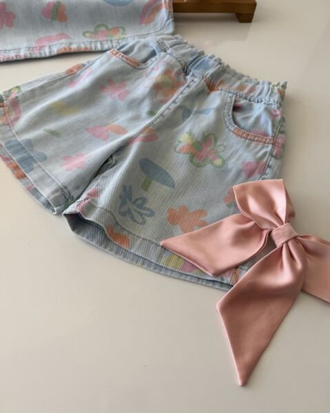 Asar Kids Yıkamalı Soluk Efektli Papatya Baskılı 2'li Denim Takım - Mavi