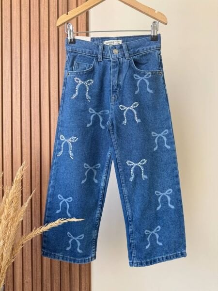 Asarkids Fiyonk Baskılı Taşlı Denim Pantolon - Mavi