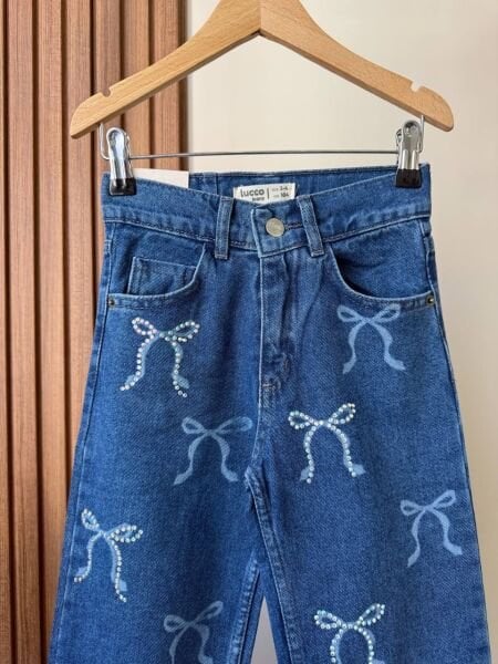 Asarkids Fiyonk Baskılı Taşlı Denim Pantolon - Mavi