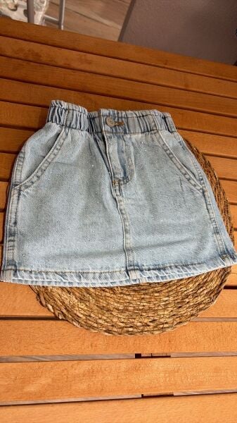 Asar Kids Beli Lastikli Taşlı Denim Etek - Mavi