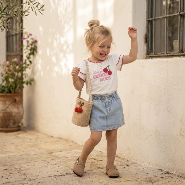 Asar Kids Beli Lastikli Taşlı Denim Etek - Mavi