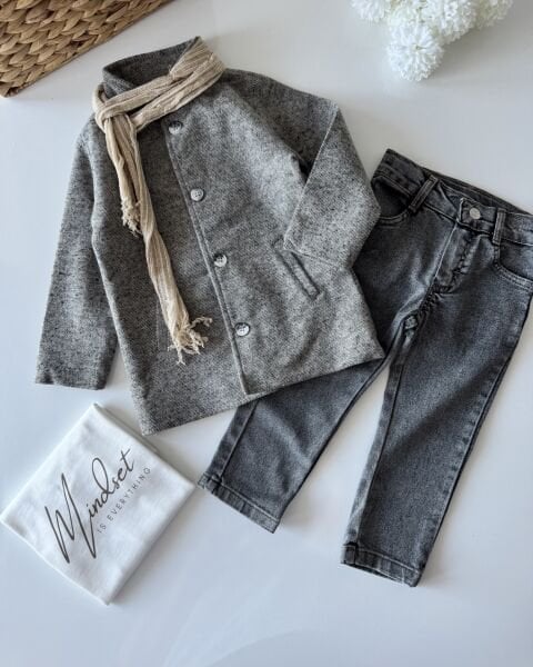 Kaşe Ceketli 3'lü Set - Kahve Kırçıllı