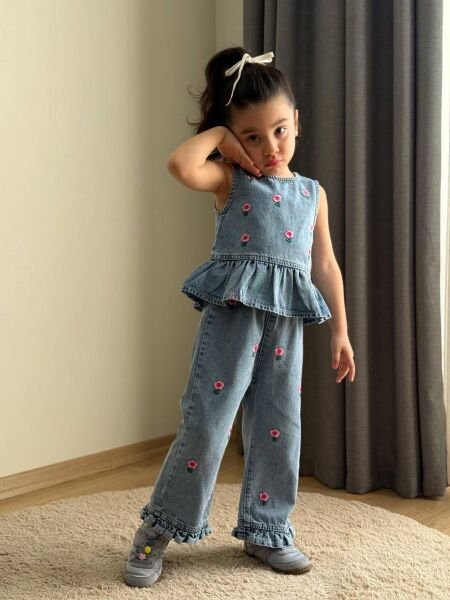 Asarkids Çiçek Nakışlı Fırfır Detay 2'li Denim Takım - Mavi