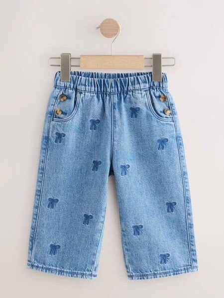 Asarkids Fiyonk Nakışlı Düğme Detaylı Denim Pantolon - Mavi