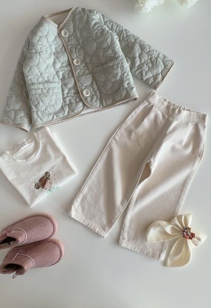 Kapitone Ceketli Kız Bebek 3'lü Takım - Soft Yeşil