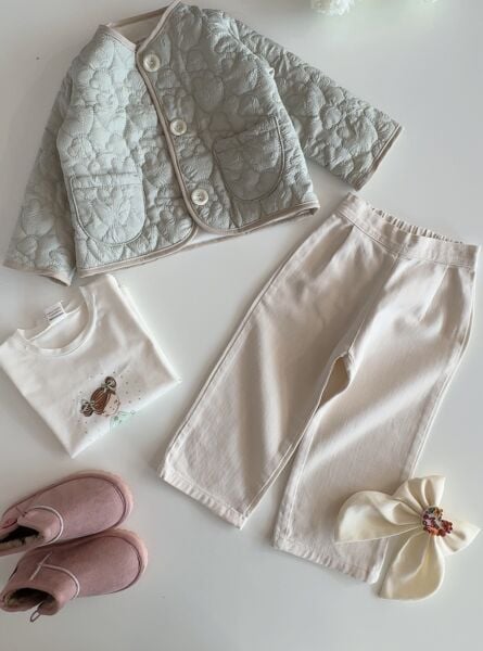 Kapitone Ceketli Kız Bebek 3'lü Takım - Soft Yeşil