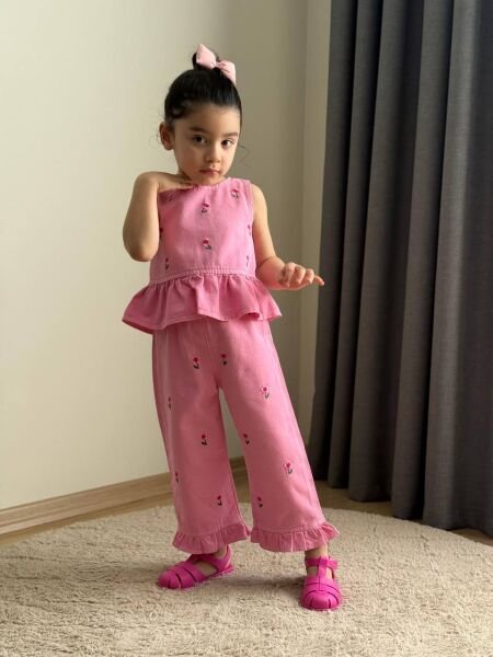 Asarkids Çiçek Nakışlı Fırfır Detay 2'li Denim Takım -Pembe