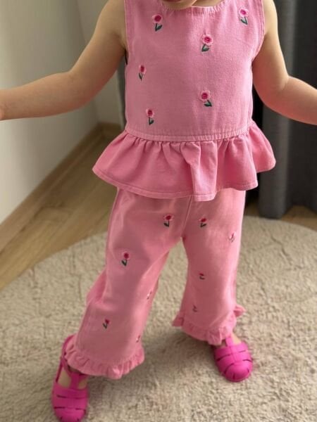 Asarkids Çiçek Nakışlı Fırfır Detay 2'li Denim Takım -Pembe