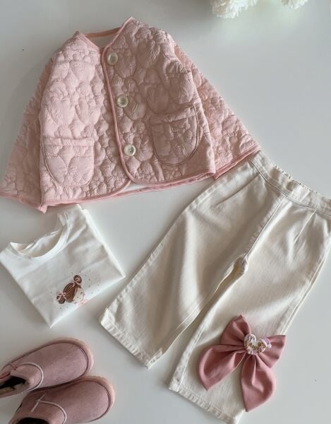 Kapitone Ceketli Kız Bebek 3'lü Takım - Soft Pembe