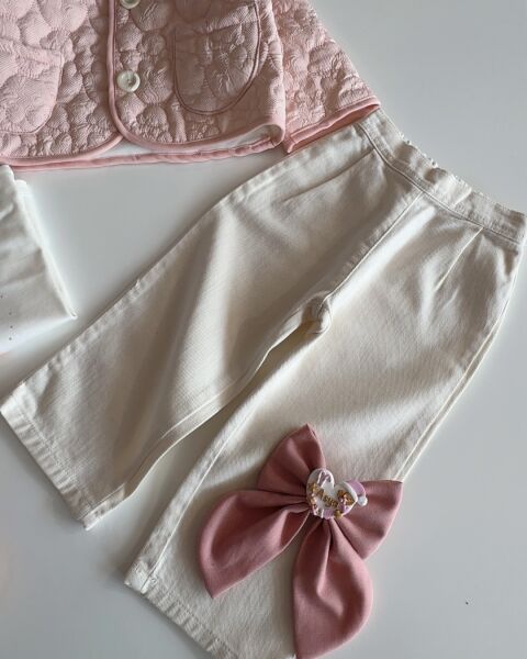 Kapitone Ceketli Kız Bebek 3'lü Takım - Soft Pembe