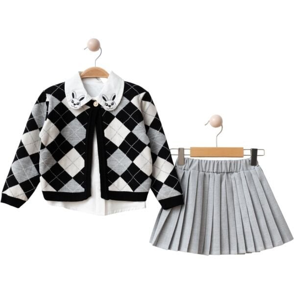 Triko Bebe Yaka Tavşan Nakışlı 3’lü Etekli Takım - Siyah Gri