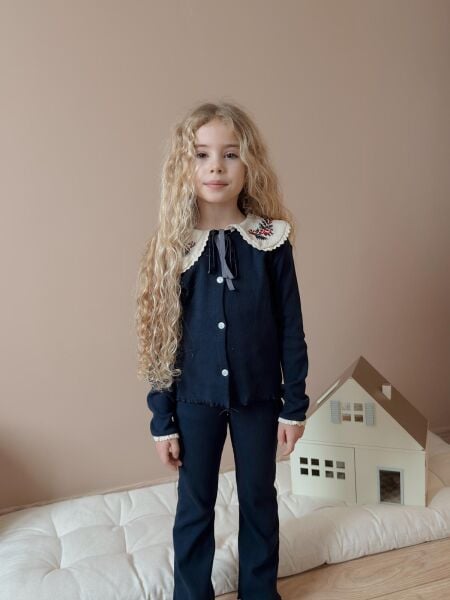 Asarkids Yaka Nakışlı Ribana Taytlı Takım - Lacivert