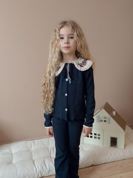 Asarkids Yaka Nakışlı Ribana Taytlı Takım - Lacivert