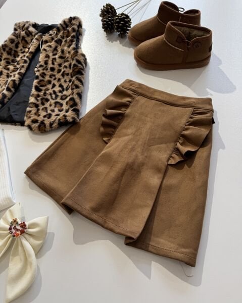 Peluş Leopar Yelekli Çubuk Şort Etekli 3'lü Takım - Kahve