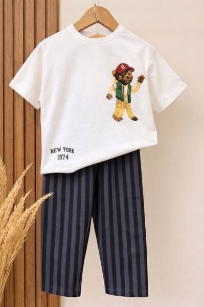 Asarkids New York Ayıcık Baskılı Çizgili 2'li Takım - Beyaz Füme