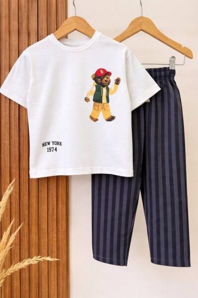 Asarkids New York Ayıcık Baskılı Çizgili 2'li Takım - Beyaz Füme