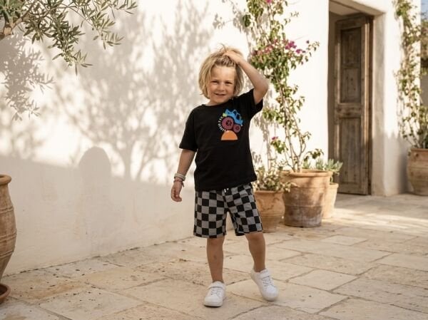 Asar Kids Motor Baskılı Dama Şortlu 2'li Takım - Siyah