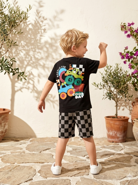 Asar Kids Motor Baskılı Dama Şortlu 2'li Takım - Siyah