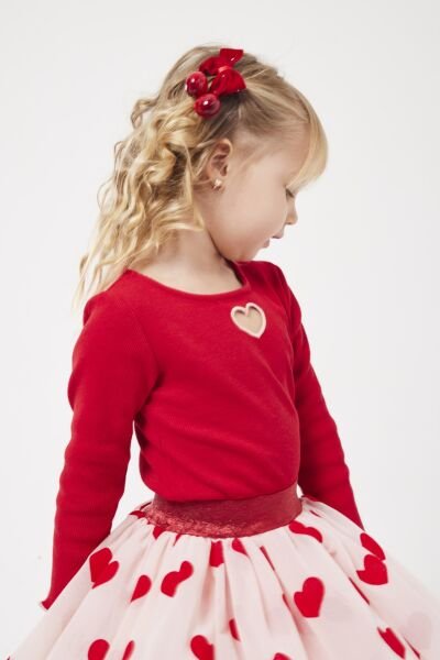 Asarkids Kalp Nakışlı Tütü Etekli Takım - Kırmızı