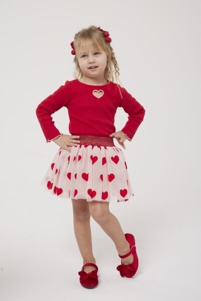 Asarkids Kalp Nakışlı Tütü Etekli Takım - Kırmızı