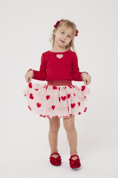 Asarkids Kalp Nakışlı Tütü Etekli Takım - Kırmızı