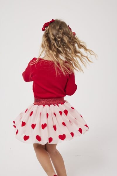 Asarkids Kalp Nakışlı Tütü Etekli Takım - Kırmızı