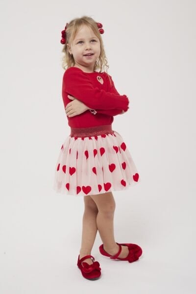 Asarkids Kalp Nakışlı Tütü Etekli Takım - Kırmızı