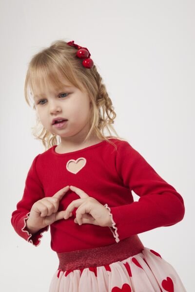 Asarkids Kalp Nakışlı Tütü Etekli Takım - Kırmızı