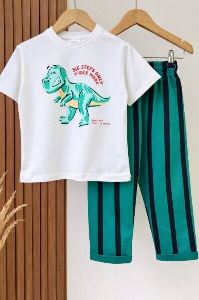Asarkids Dinozor Çizgili 2'li Takım - Yeşil Beyaz