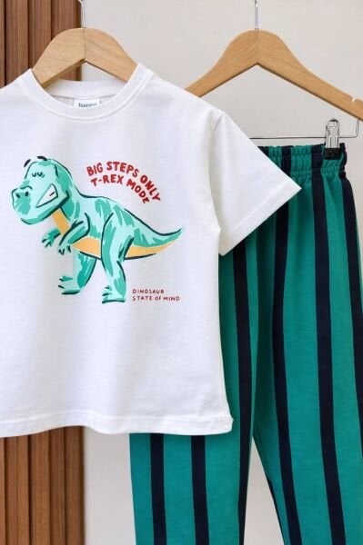 Asarkids Dinozor Çizgili 2'li Takım - Yeşil Beyaz