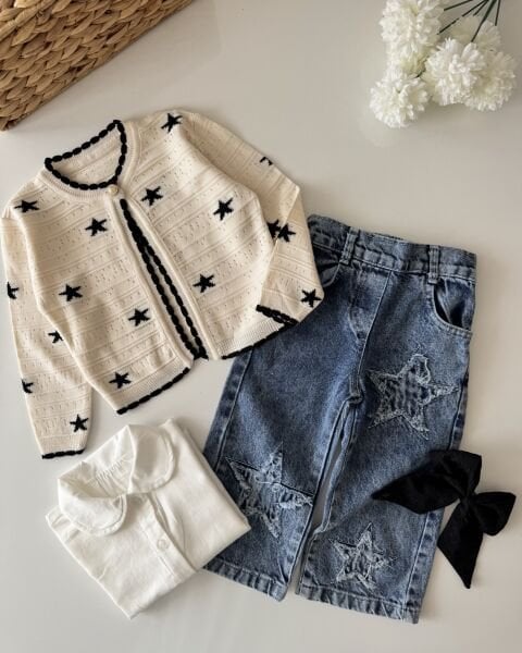 Yıldız Nakışlı Hırkalı 3’lü Set - Siyah Beyaz