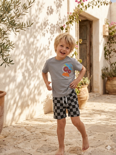 Asar Kids Motor Baskılı Dama Şortlu 2'li Takım - Gri