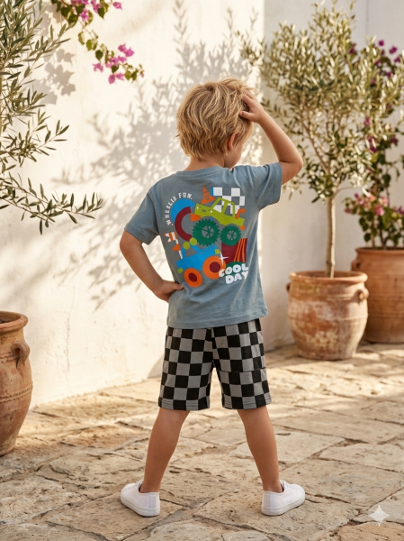 Asar Kids Motor Baskılı Dama Şortlu 2'li Takım - Gri